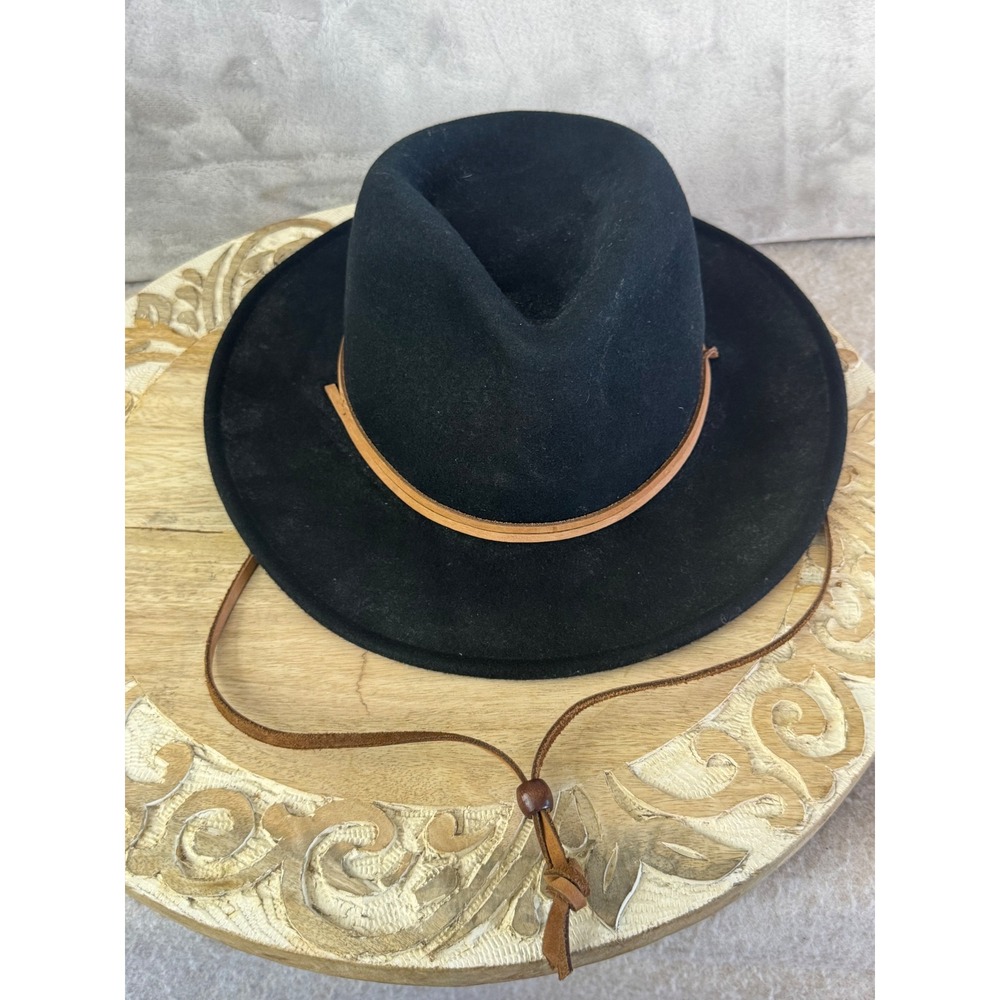 Dorfman Pacific Black Wool Felt Fedora Hat Leather Chin Strap Made in USA Medium